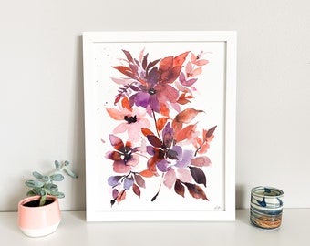 紫色の花の水彩画：緑の葉、半透明の花瓶 - Etsy 日本