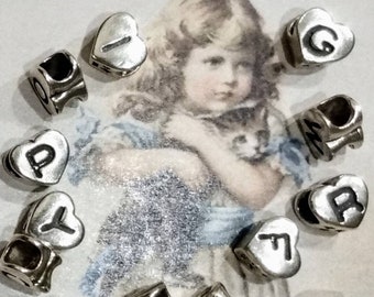 Vintage Sterling 8x7mm Alphabet Heart Shaped XL 3.5mm Hole Beads ~ EuropeanRibbonLeather Slider Beads ~USA 925 Silver~ SET 1 ~ Letters A-I