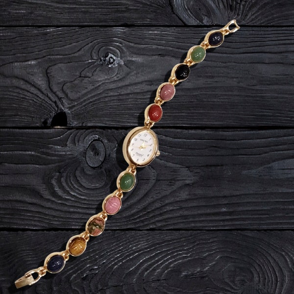 Vtg Ladies Gruen Precision Scarab Bracelet Working Watch ~ Semi-Precious Stones ~ Excellent Condition & Runs! New Battery!