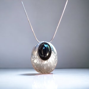 Repurposed Vintage Large Sterling Onyx Navajo Pendant on Snake Chain ~ Handmade Southwestern Oval ~925 Silver~