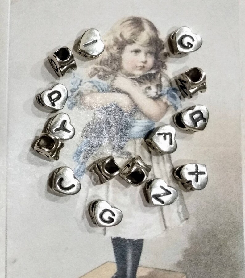 Vintage Sterling 8x7mm Alphabet Heart Shaped XL 3.5mm Hole Beads ~ EuropeanRibbonLeather Slider Beads ~USA 925 Silver~ SET 1 ~ Letters A-I