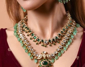Semiprecious stone choker necklace set with Mossanite, polki American diamonds adjustable gold polished