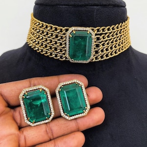 Golden Chain Choker Necklace Set: Green Doublet Stone & Diamond Bollywood Style