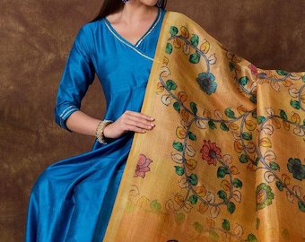 Ethnic Pichwai Printed Yellow & Multi Assam Silk Dupatta stole/shawl