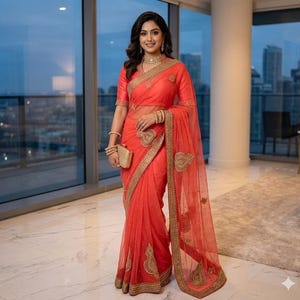 May include: A vibrant coral-colored saree featuring intricate gold embroidery along the borders and scattered throughout the fabric. The ensemble includes a matching short-sleeved blouse, a gold choker necklace, stacked gold bangles, and a gold clutch.