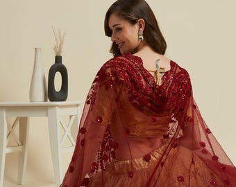 Embroidered Net Dupatta with Intricate Cutwork Border stole/shawl