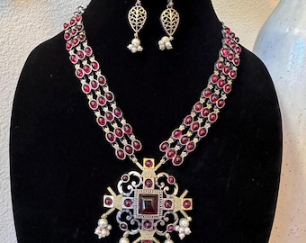 Oxidized necklace set silver gold German silver green blue