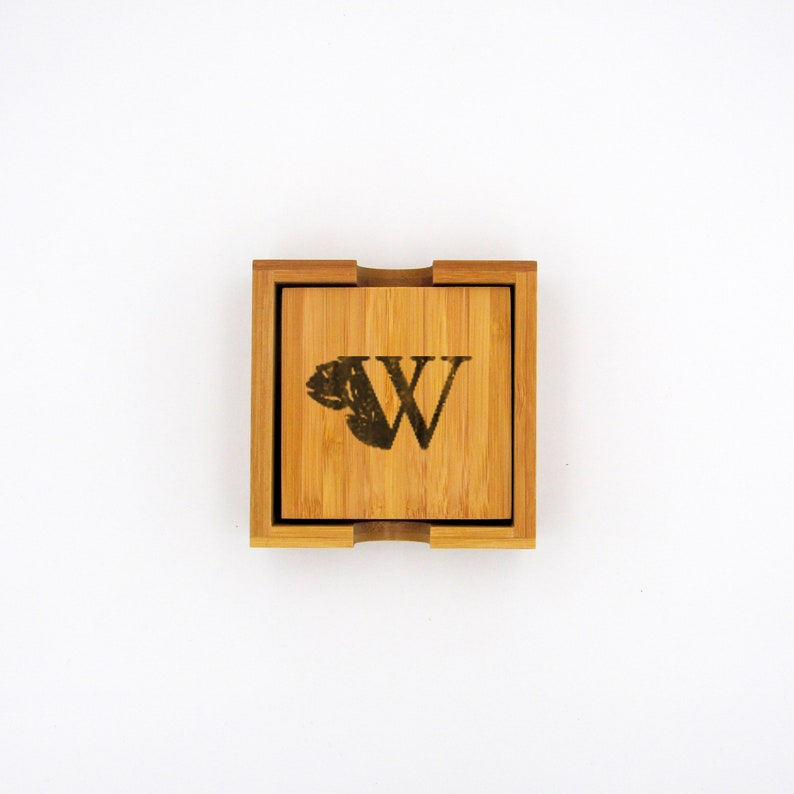 Custom Monogrammed Square Bamboo Coaster Set