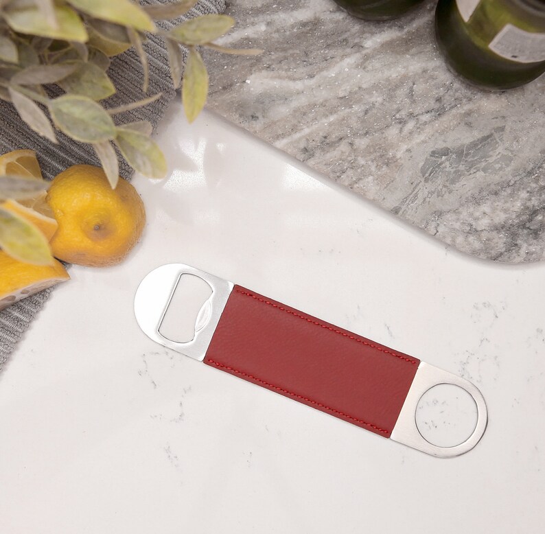 Burgundy Vegan Leather Wrapped Stainless Steel Custom Engraved 7 Bottle Opener