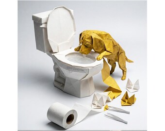Whimsical Origami Toilet Art – Dog Drinking from toilet