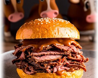 Beef on Weck Sandwich with upset cows in background Photo Ceramic Coaster