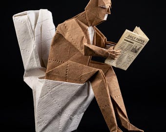 Whimsical Origami Toilet Art – Newspaper, Man, Toilet