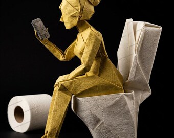 Whimsical Origami Toilet Art – Cell Phone Woman Sculpture