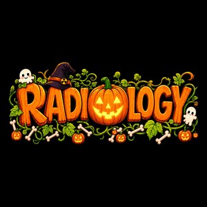 May include: A graphic design featuring the word RADIOLOGY spelled out with orange pumpkin-textured letters. The letter O is a jack-o'-lantern. The design includes a purple witch hat, green vines, small pumpkins, white bones, and two ghosts.