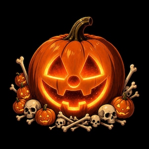 May include: A large, glowing orange jack-o'-lantern with a carved face sits at the center, surrounded by several smaller orange pumpkins, human skulls, and scattered beige bones against a solid black background, creating a festive scene.