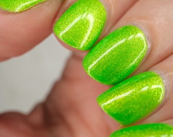Wonder Wheel - Jen & Berries indie nail polish, neon lime green indie nail polish with gold to green shifting aurora shimmer for summer