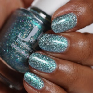 Great Bluedini - Summer Holos, aqua jelly nail polish with green/blue/purple shifty shimmer, loaded with holographic flakes by Jen & Berries