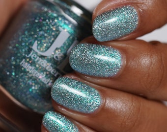 Great Bluedini - Summer Holos, aqua jelly nail polish with green/blue/purple shifty shimmer, loaded with holographic flakes by Jen & Berries