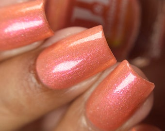 Fair is Ferragamo - Salmon nail polish w/ pink-orange-gold-green shifty shimmer, holographic microflakies  - Jen & Berries OMG Shoes Spring