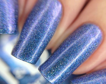 stnds blue holographic indie nail polish with blue to violet shift shimmer. Anti Valentine's Day. Handmade by Jen & Berries