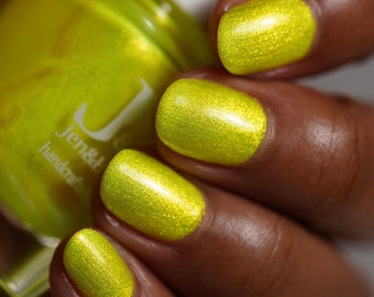 Lucky Duck - Jen & Berries indie nail polish, neon chartreuse yellow indie nail polish with gold to green shifting aurora shimmer.