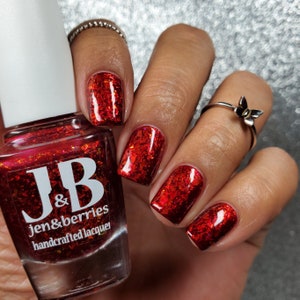 Q Know Who? Jen & Berries Star Trek Villains indie nail polish red jelly packed w/ red orange gold copper crystal shifting flakies for fall