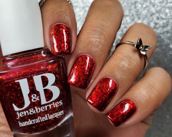 Q Know Who? Jen & Berries Star Trek Villains indie nail polish red jelly packed w/ red orange gold copper crystal shifting flakies for fall