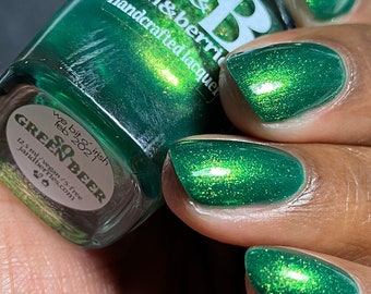 So...Green Beer Jen & Berries Wee Bit o' Irish - emerald green indie nail polish with green gold shifting shimmer and copper flecks