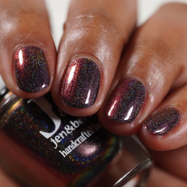 The First - Jen & Berries indie nail polish, Buffy the Vampire inspired black holographic polish with black/red/gold multichrome shimmer