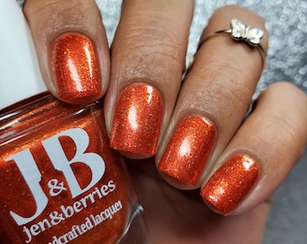 Pumpkin Cry - Jen & Berries indie nail polish - burnt orange shimmer nail polish with gold metallic flakes, perfect for fall or Thanksgiving