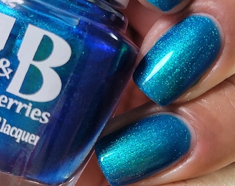 The Holiday Blues - Jen & Berries indie nail polish, Buffy the Vampire inspired cerulean blue polish with teal to blue shifting shimmer