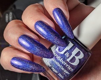 Highland Spark Lilac Festival  purple violet blurple linear holographic nail polish with pink/purple shimmer. Handmade by Jen & Berries