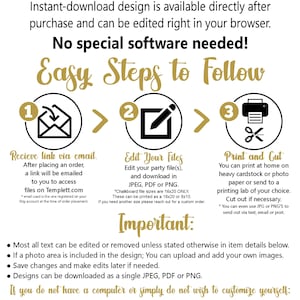 Puede incluir: Un gr&aacute;fico dorado y blanco con el texto "Detalles y preguntas frecuentes" y "Pasos f&aacute;ciles de seguir". El gr&aacute;fico muestra tres pasos: 1. Recibir el enlace por correo electr&oacute;nico, 2. Editar tus archivos y 3. Imprimir y cortar. El gr&aacute;fico tambi&eacute;n incluye informaci&oacute;n importante sobre la edici&oacute;n e impresi&oacute;n del dise&ntilde;o.