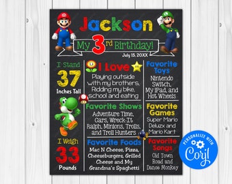 ANY AGE - Editable - Mario Brothers Chalkboard Poster Milestone Chart Printable - 24x36 20x30 18x24 16x20 12x18 11x14 8x10 Digital Download