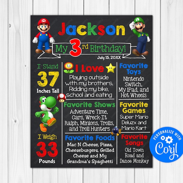 ANY AGE - Editable - Mario Brothers Chalkboard Poster Milestone Chart Printable - 24x36 20x30 18x24 16x20 12x18 11x14 8x10 Digital Download