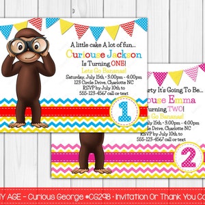 Any Age - Curious Monkey - Birthday Invitation Or Thank Card - Invites - Digital Printable Text, Print or Post  -  File