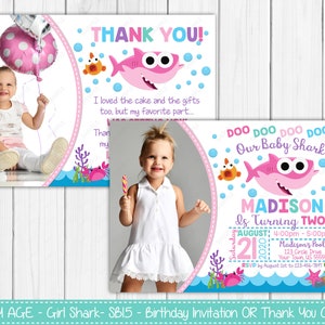 Any Age - Pink Shark Birthday Invitation Or Thank Card - Birthday Invites - Digital Printable Text, Print or Post  -  File