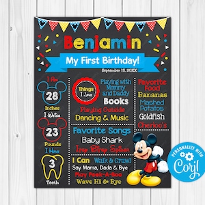 Mickey Mouse Birthday Chalkboard Poster Milestone 16x20, 11x14, 8x10, 24x36, 20x30, 12x18, and A1 - A5 Digital Download Edit - Editable
