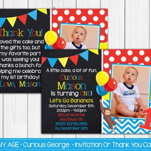 Any Age - Curious Monkey - Birthday Invitation Or Thank Card - Invites - Digital Printable Text, Print or Post  -  File