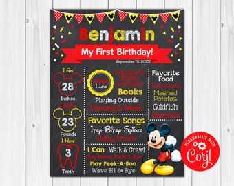 Mickey Mouse Birthday Chalkboard Poster Milestone Chart Printable 18x24 16x20, 11x14 or 8x10 P - Digital Download Edit - Editable