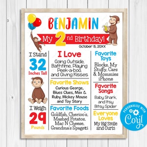 May include: A colorful printable birthday chart for a 2-year-old boy named Benjamin. The chart features a cartoon monkey, a red, yellow, and blue color scheme, and includes details like his height (32 inches), weight (29 pounds), favorite activities, foods, and songs. The chart also includes the text "Personalize with Coryl".