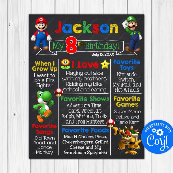 Editable Mario Brothers Chalkboard Poster Milestone Chart Printable 24x36 20x30 18x24 16x20 11x14 12x18 8x10 A1 A2 A3 A4 A5 Digital Download