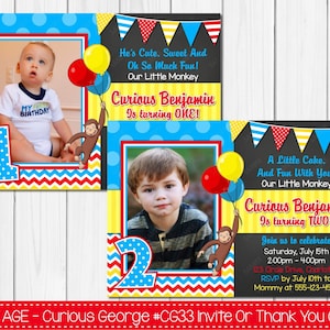 Any Age - Curious Monkey - Birthday Invitation Or Thank Card - Invites - Digital Printable Text, Print or Post  -  File