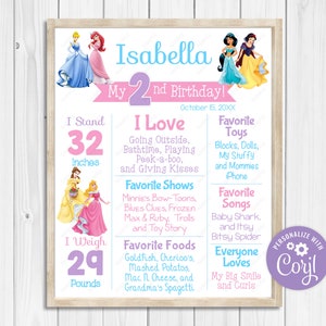 Puede incluir: Un póster de cumpleaños imprimible rosa y azul con temática de princesas. El póster presenta el nombre de una niña, "Isabella", y celebra su segundo cumpleaños. Incluye detalles como su altura, peso, actividades favoritas y comidas favoritas. El póster está decorado con imágenes de princesas de Disney.