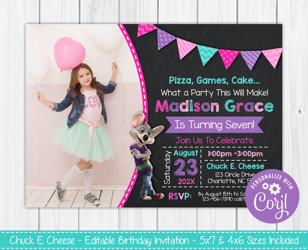 Editable Chuck E. Cheese Birthday Invitation Printable 4x6 & 5x7 Invite ...