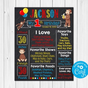 ANY AGE - Editable - Curious George Chalkboard Poster Milestone Chart Printable - 16x20 - 11x14 - 8x10 - Photography Prop - Digital Download