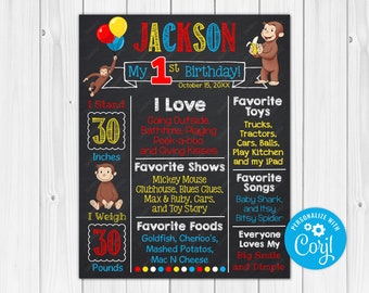 ANY AGE - Editable - Curious George Chalkboard Poster Milestone Chart Printable - 16x20 - 11x14 - 8x10 - Photography Prop - Digital Download