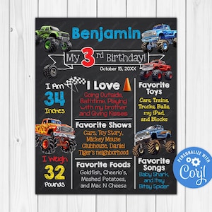ANY AGE Editable -  Monster Truck Chalkboard Poster Milestone Chart Printable 20x30 18x24 16x20 11x14 8x10 A1 A2 A3 A4 A5 Digital Download