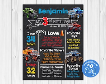 ANY AGE Editable -  Monster Truck Chalkboard Poster Milestone Chart Printable 20x30 18x24 16x20 11x14 8x10 A1 A2 A3 A4 A5 Digital Download