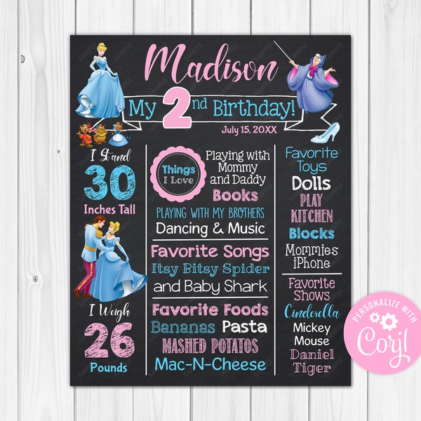 ANY AGE - Cinderella Chalkboard Poster Milestone Chart Printable 20x30, 16x20, 11x14, 8x10, & A1 -A5 Digital Download Edit Editable Prop